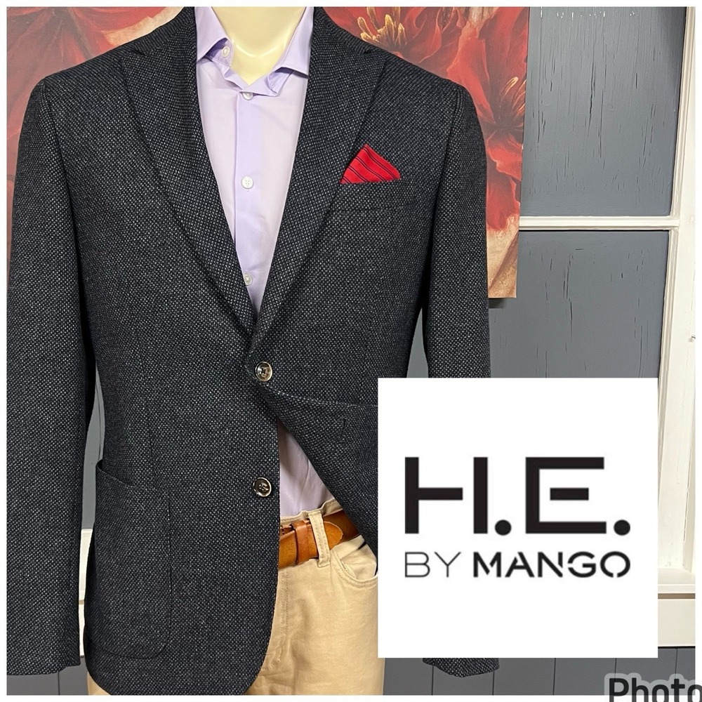 H.E. Mango Knit Blazer Mens Sz Large (42R) Slim Fit Wool Blend Grayish Navy